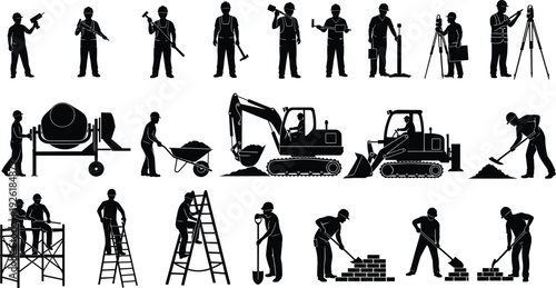Construction Worker Silhouette Set, Building Site Laborer Vector Collection, Industrial Contractor Poses, Heavy Machinery Operator Tools, Civil Engineering Project Illustration Pack (20 words)