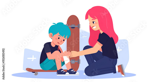 A woman helps a young boy with a bandage on his knee while sitting on the floor with a skateboard nearby on transparent background