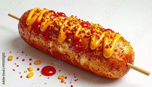 Delicious Corn Dog with Mustard, Ketchup, and Sprinkles.