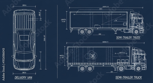 Detailed blueprint of a semi-truck and trailer, showcasing design and dimensions.
