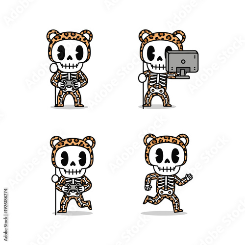 Cartoon skeleton bear characters in leopard print hats performing various actions with copy space