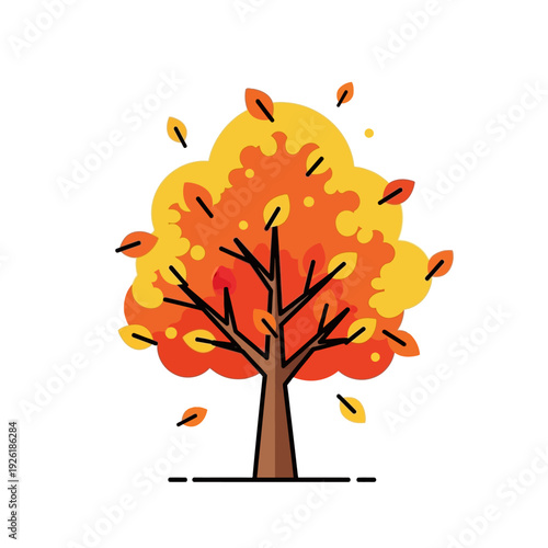 Autumn Tree Illustration - Falling Leaves, Vibrant Colors, Seasonal Change