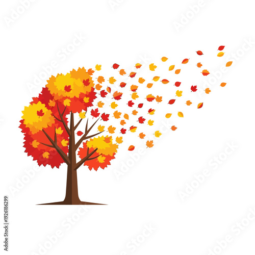 Autumn Tree Losing Leaves in Wind - Vibrant Fall Colors