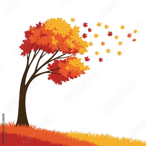 Autumn tree with falling leaves in wind, vibrant colors, white background