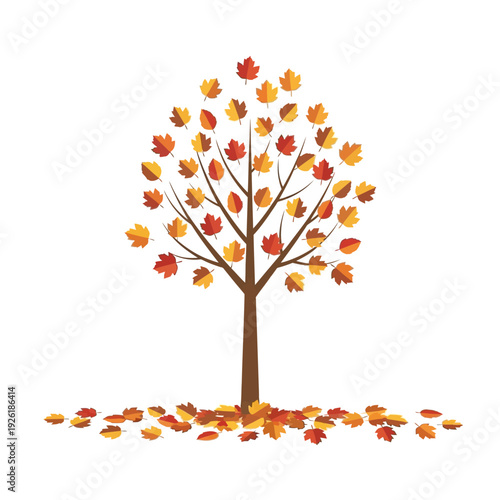 Autumn Tree with Falling Leaves Isolated on White Background