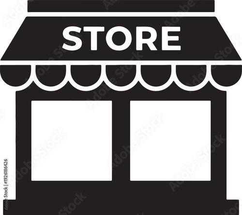 Black and white simple of a store building with the word store in white text also transparent background