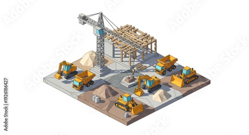 Construction Site with Crane and Machinery.
