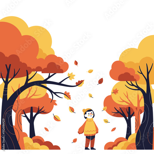 Child in autumn forest with falling leaves, warm colors, seasonal illustration