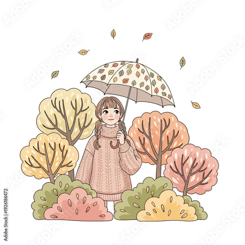Cute Girl with Umbrella in Autumn Forest, Fall Season Illustration
