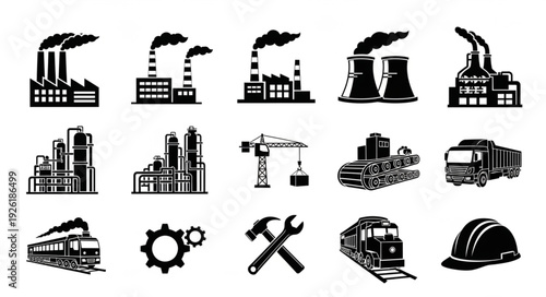 Industrial icons representing factories, construction, and transportation elements in black and white.