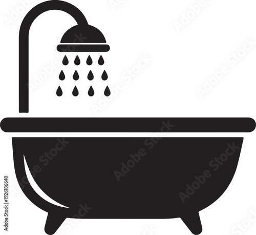 Black of a bathtub with water falling from a showerhead also transparent background drops