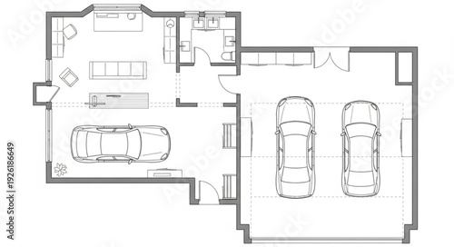 Detailed architectural floor plan showcasing a residential house with a garage and living spaces.