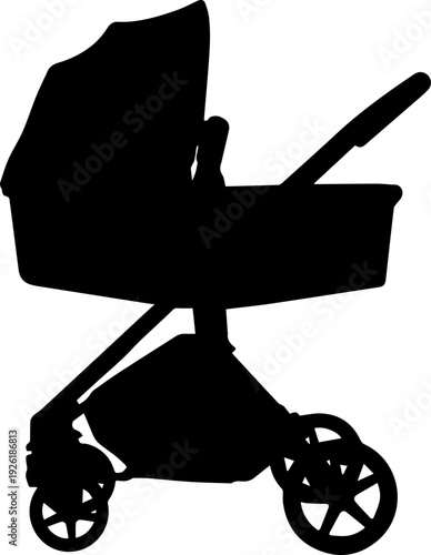Black Silhouette Modern Baby Stroller Vector Graphic