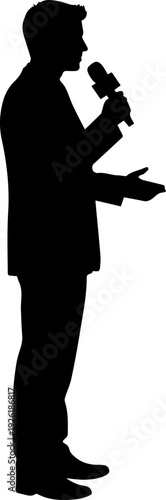Male Speaker Reporter Holding Microphone Gesturing Profile Silhouette Vector
