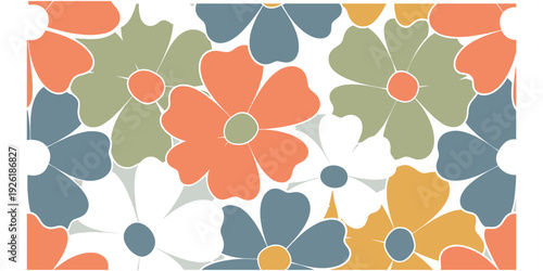 Colorful floral pattern, stylized flowers, five-petal design, overlapping blooms, vibrant palette, orange olive blue mustard, decorative motif, textile wallpaper, flat vector illustration