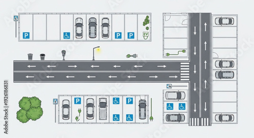 Detailed overhead view of a parking lot with cars and road markings.
