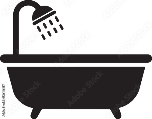 Black silhouette of a bathtub with a showerhead spraying water also transparent background
