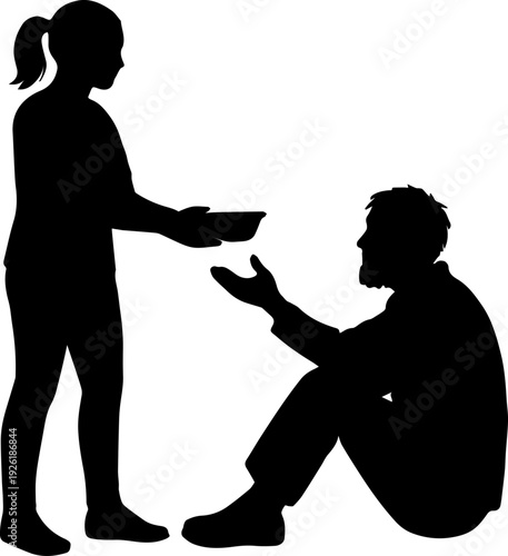 Silhouette of a Young Person Giving Food to a Needy Homeless Elderly Man Vector Illustration