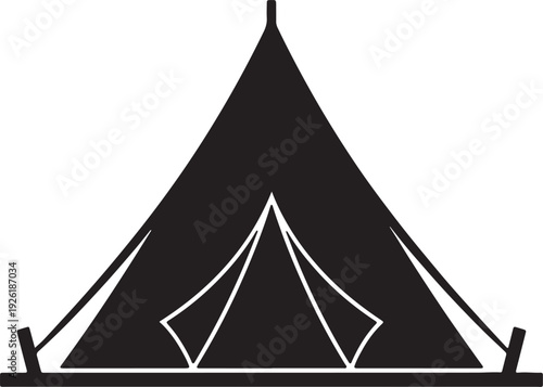 Black silhouette of a triangular camping tent with an entrance opening and support poles also transparent background