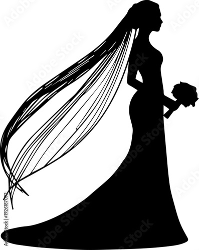 Elegant Bride Silhouette with Flowing Veil and Bouquet Black and White Vector Graphic