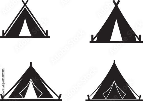 Four black silhouette camping tents arranged in a two by two grid on a white background also transparent background