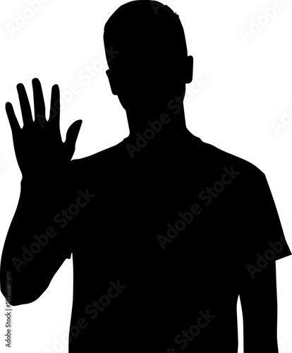 Black Silhouette of Man Waving Hand or Saying Hello Stop Gesture Vector Graphic Isolated on White Background