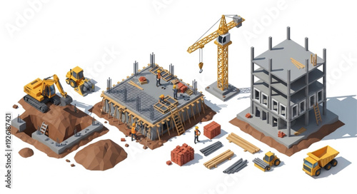 Construction Site with Buildings and Equipment.