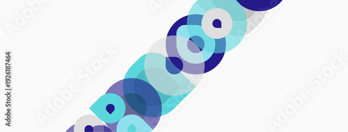 Abstract circles overlap, creating diagonal pattern. Shades range from deep blues to light turquoise. Minimalist design, clean aesthetic.