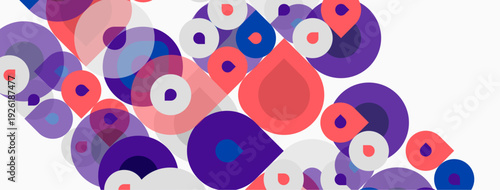 Abstract circles overlap, creating vibrant patterns. Purple, pink, white hues dominate composition. Modern design element.