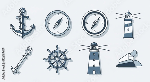 Nautical themed illustrations featuring anchors, compasses, lighthouse, and ship wheel.