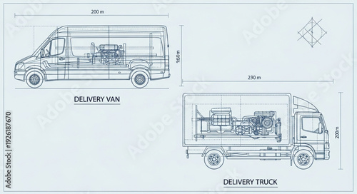 Detailed side view illustrations of delivery van and a larger delivery truck.