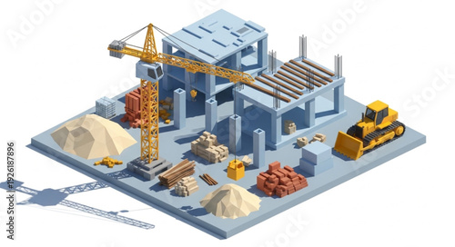 Construction Site with Crane and Building.