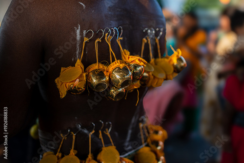Hindu devotee with body piercing during Thaipusam festival in Kuala Lumpur, Malaysia. 