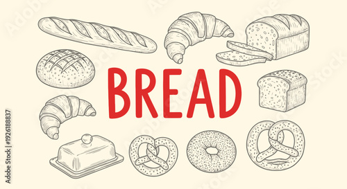 A collection of handdrawn bread items surrounding the red word BREAD