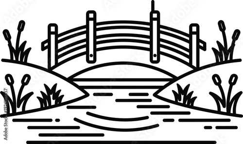 A serene black and white illustration of a wooden bridge over water.