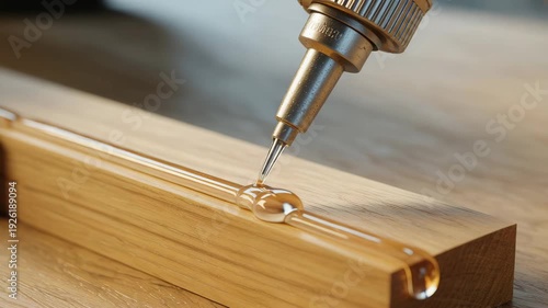 Applying wood glue to a wooden plank with a syringe for strong bonding