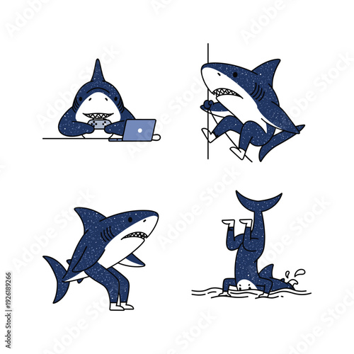 Cartoon sharks working on laptop and drinking coffee in various poses with humorous expressions