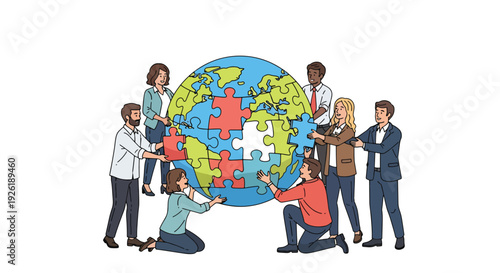 Global unity illustration featuring diverse people assembling puzzle pieces around the Earth from various viewpoints
