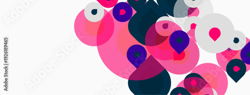 Abstract circles overlap, creating vibrant pinks, purples, blues on white background. Modern design, playful composition.