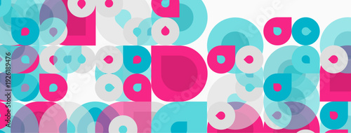Abstract pattern. Circles, squares overlap. Pink, turquoise hues dominate. Clean design, modern aesthetic. Simple shapes create visual interest.