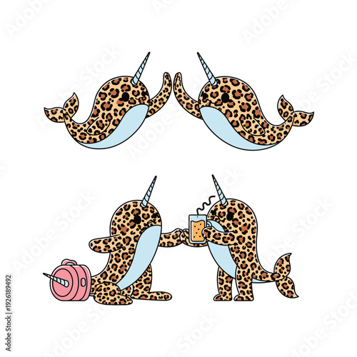 Cute cartoon narwhals in leopard print having coffee together with love and friendship