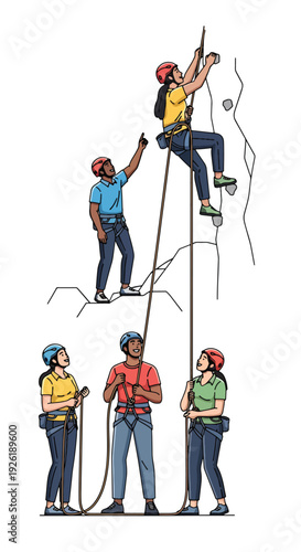 Group of people assisting a climber ascending a rope in an outdoor activity scene