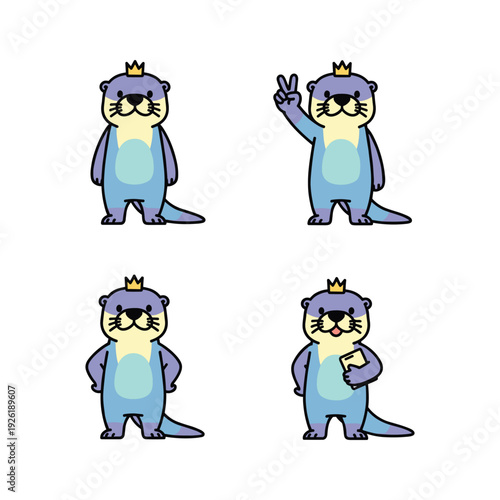 Cartoon otter character with crown making different gestures in a set of four illustrations