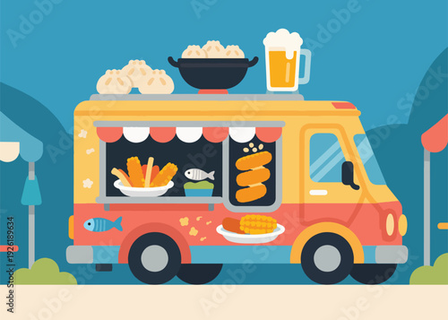 Modern Food Truck Illustration Creative Design Template 