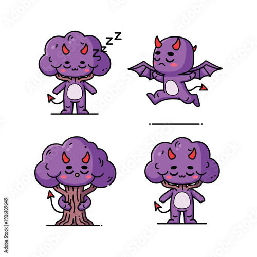 Cute cartoon devil character in various poses and actions with a playful mood