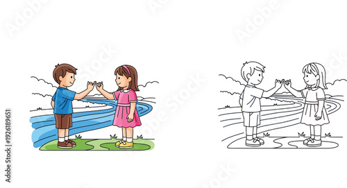 Children Giving High Five by a River - Friendship, Teamwork, and Playtime in Nature