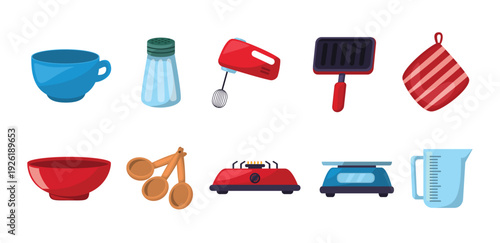Kitchen utensils icon set, collection of kitchen utensils and baking tools, household items icon set, flat vector illustration, kitchen clip art, cooking clip art