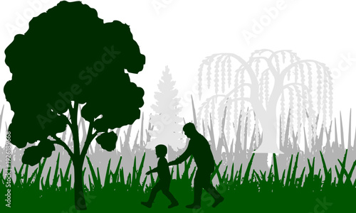 Green silhouette of parent and child playing together in park with trees and grass, heartwarming family outdoor nature scene perfect for parenting, lifestyle, and recreation designs