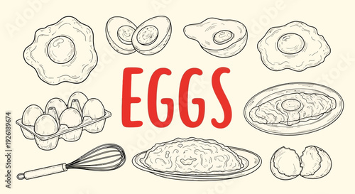 Black and white line art illustration of various eggs and egg dishes surrounding the red text EGGS
