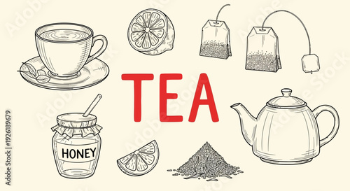 Black and white line art illustration of tearelated items surrounding the red word TEA